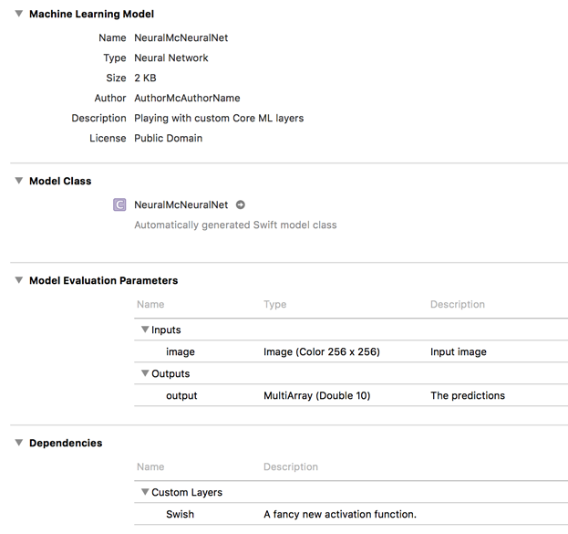 The mlmodel in Xcode