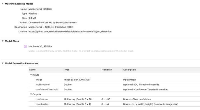 The final SSDLite model in Xcode